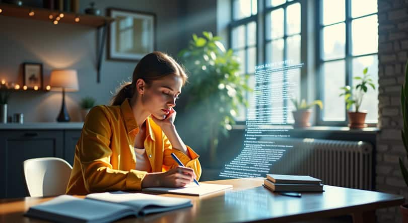 A writer edits floating pages—some handwritten, some created by an AI hologram—in a sophisticated modern loft.