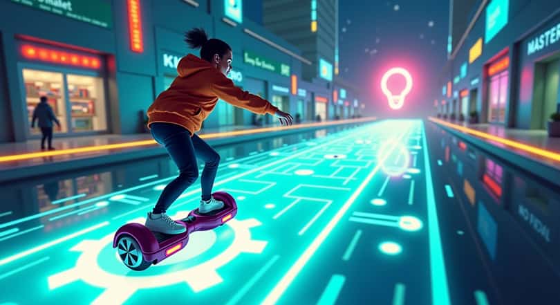  A learner rides a futuristic hoverboard along a holographic AI-powered path, navigating toward skill mastery in a digital city.