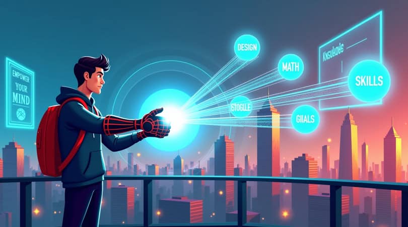 A learner uses an AI-powered gauntlet on a rooftop, shooting beams of knowledge at floating skill icons in a futuristic city.