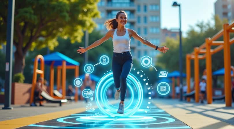 A learner exercises in an outdoor setting with an AI hologram projecting personalized learning challenges as obstacles.