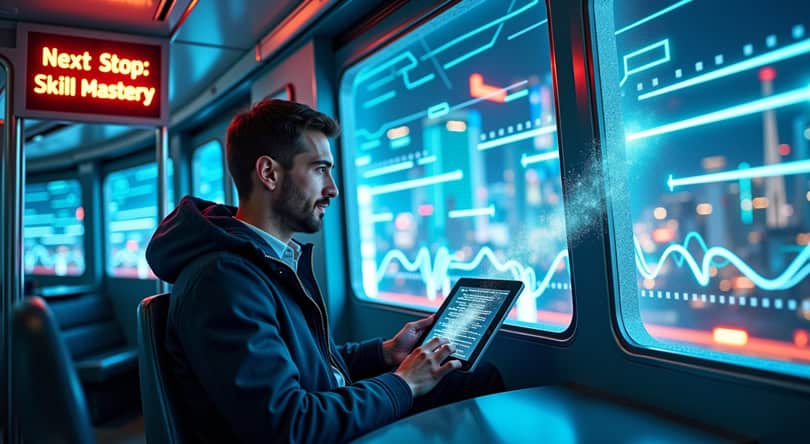A learner rides a high-speed train made of glowing data streams, symbolizing AI-driven skill mastery in a futuristic world.