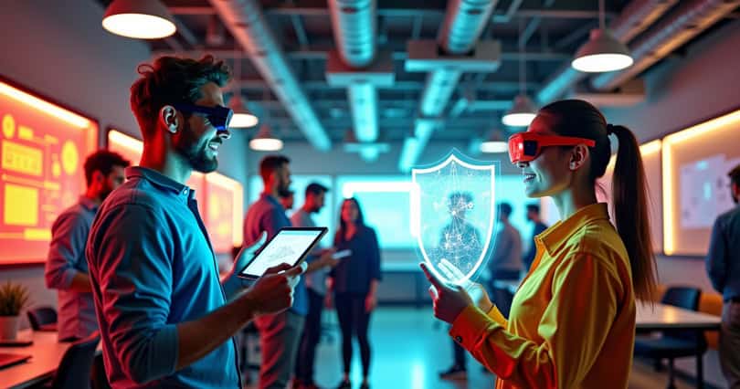 Learners in a tech workshop use AI-powered tools with exaggerated superhero elements to enhance their learning experience.