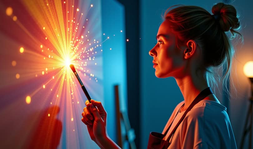 An artist paints half of a canvas by hand, while an AI holographic brush paints the other half, symbolizing creativity and AI.