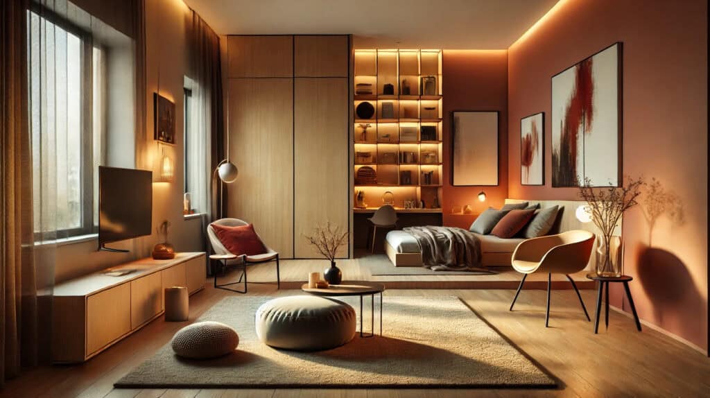modern and urban bed and living room interior design with ai
