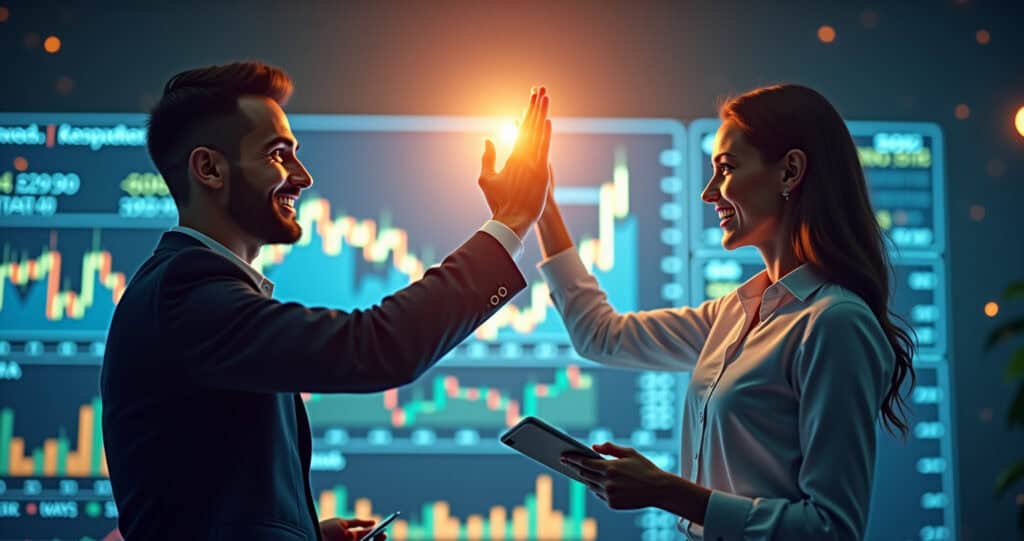 Investor and AI celebrate success after stock picks in modern trading room.