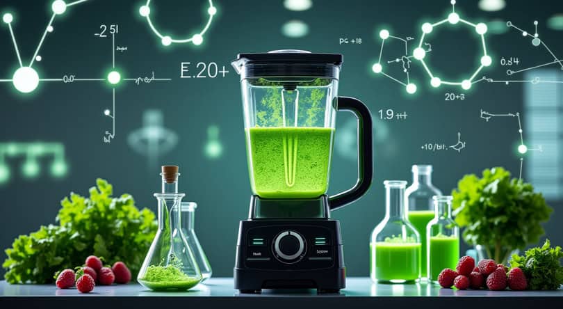 A blender with swirling smoothie ingredients and scientific data hovering above, symbolizing AI precision.