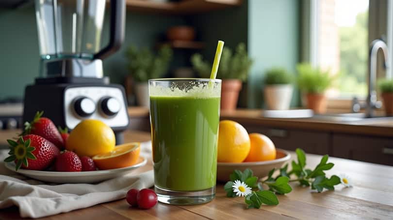 a blender on a table with a delicious glass of green smoothie and fruit