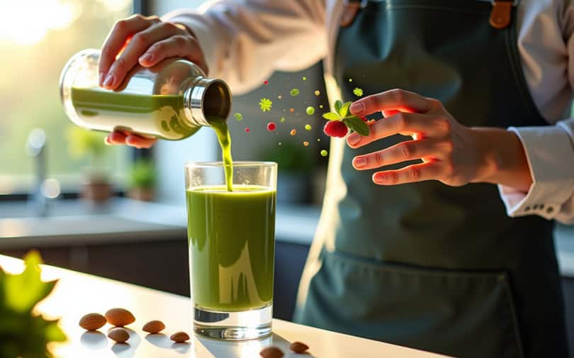A futuristic AI sommelier selecting personalized smoothie ingredients with elegance.