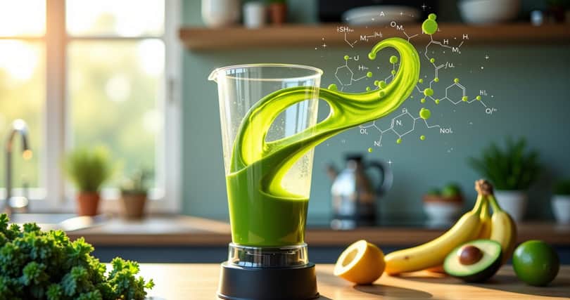 A glowing green smoothie with holographic health data, symbolizing the long-term benefits of consistent nutrition.