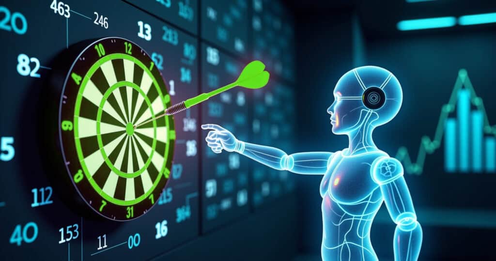 hitting bull's eye at playing dart to symbolize ai stock picking results.