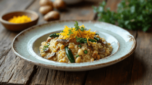 a risotto plate for a 3-course-meal-dinner with ai