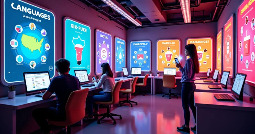 A “Language Gamer” in a colorful, interactive game room where screens display various languages like levels to conquer. 