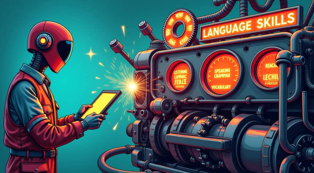 A mechanic-like figure is “tuning” an engine labeled “Language Skills,” with compartments for “Listening,” “Speaking,” “Grammar,” and “Vocabulary.”