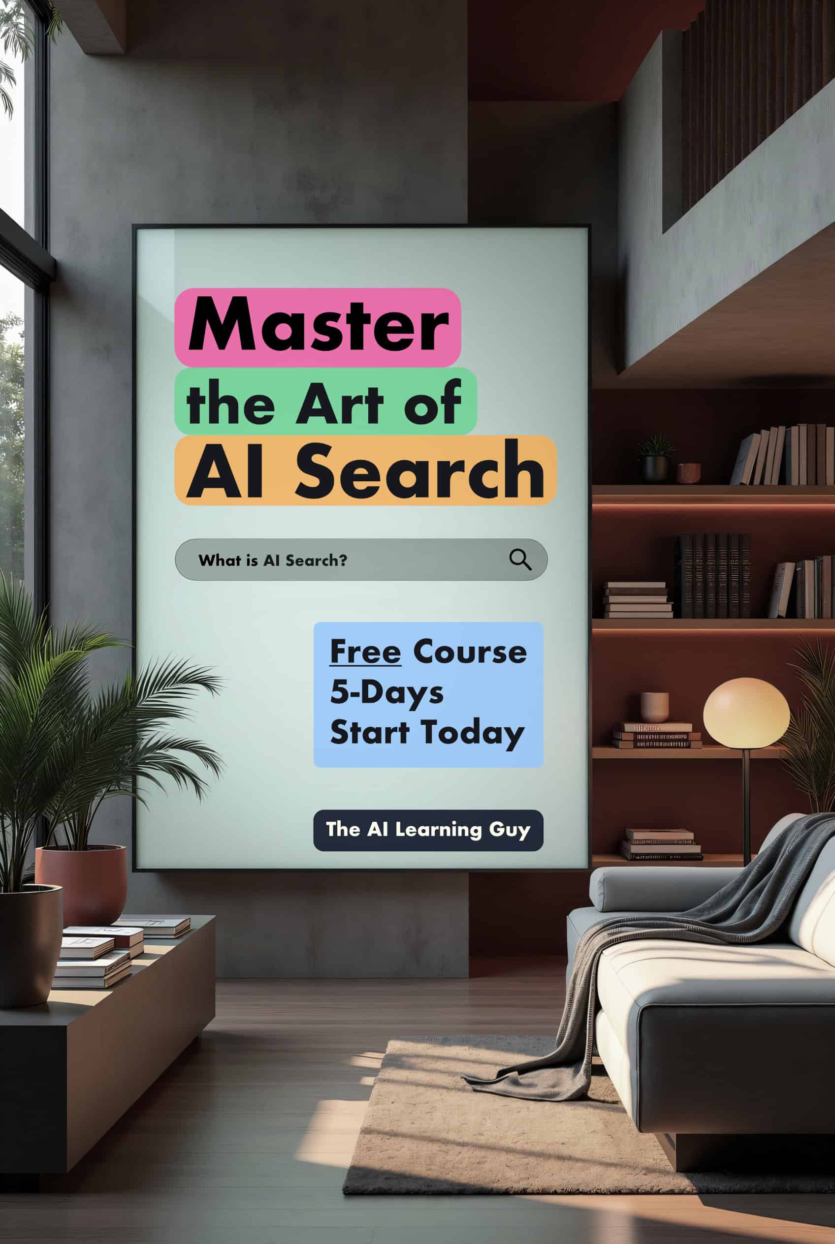 a large translucent display screen in a stylish studio apartment symbolizing the concept of ai search. onscreen text reads - Master the Art of AI search