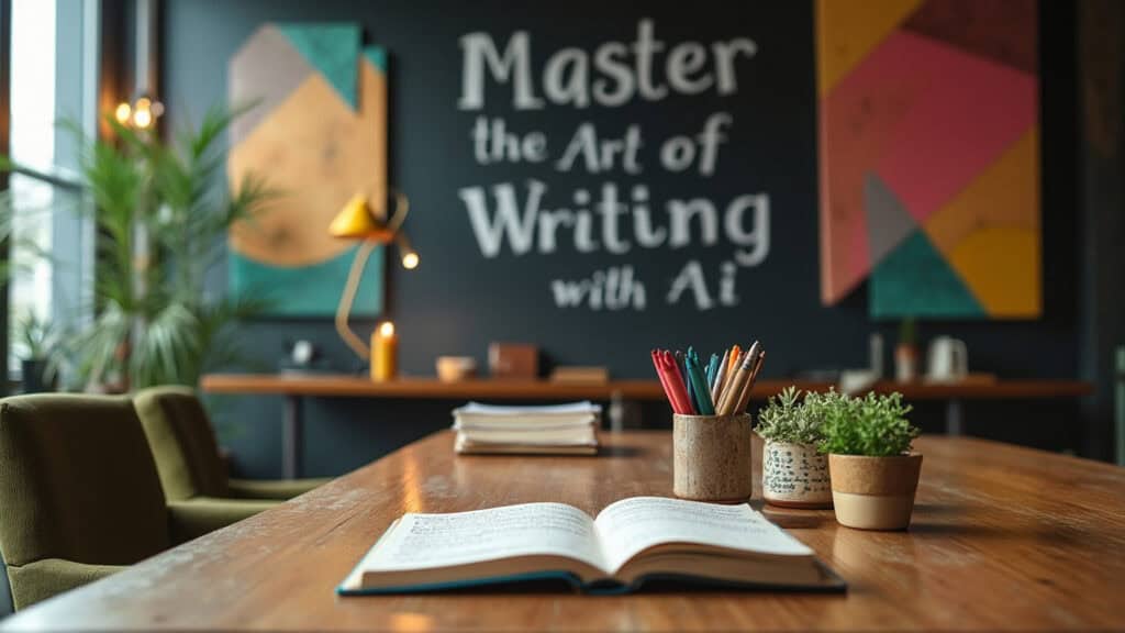 Creative studio with a sleek table, drafts, a chalkboard reading 'Master the Art of Writing with AI,' and a vibrant, inspiring workspace.