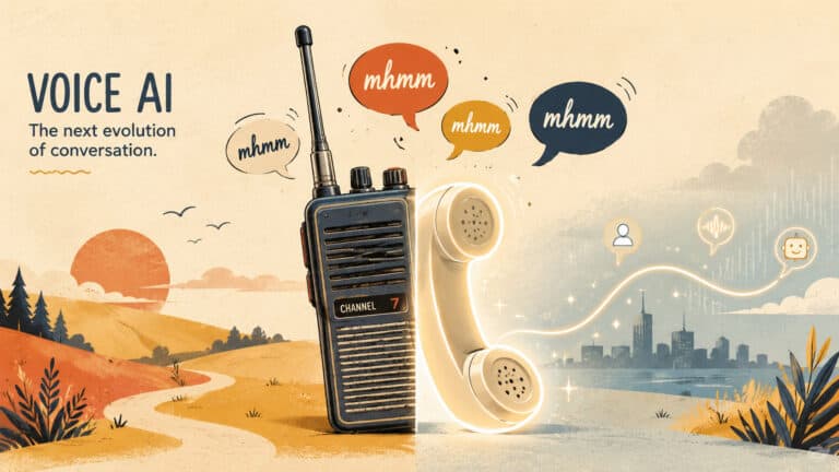 Flat-illustration editorial graphic showing a retro walkie-talkie morphing into a modern glowing phone handset, with playful hand-lettered speech bubbles reading 'mhmm' floating between them, in a warm mustard, terracotta, and navy color palette. ai voice, chatgpt-live