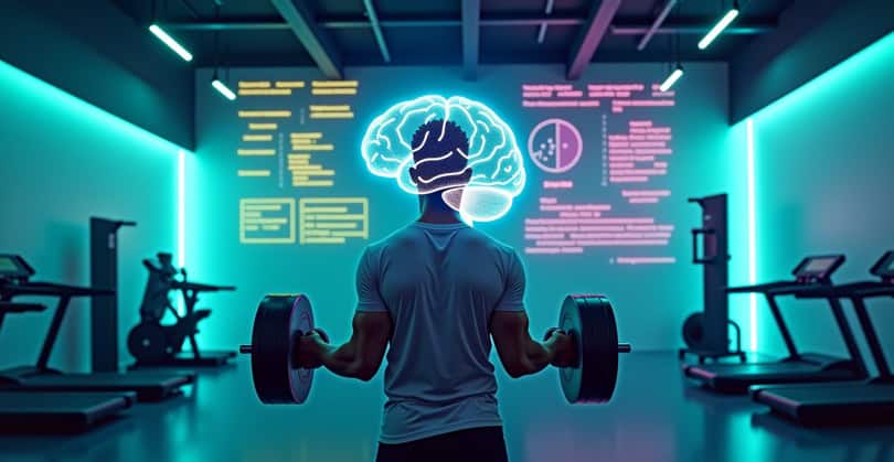 The "Brain Power Gym” where a person is in a sleek, futuristic gym lifting a giant, glowing brain-shaped dumbbell.