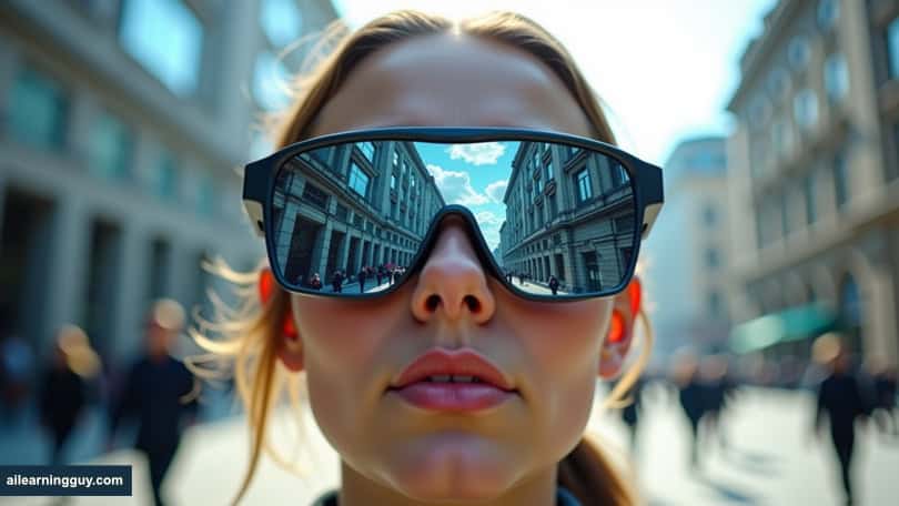 a person is looking through a pair of AI-enhanced glasses, with one side showing a distorted, biased view of the world and the other side revealing a clear, logical reality