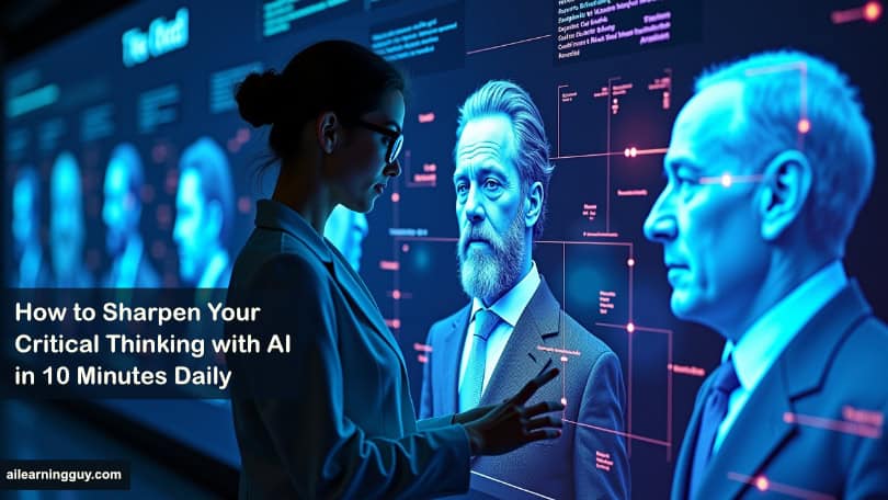 A futuristic AI researcher interacting with the digital representations of critical thinkers and historical intellectuals.