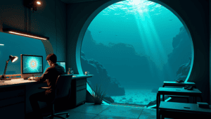 a person doing deep work in an underwater cave fully focused. writing the ai newsletter.
