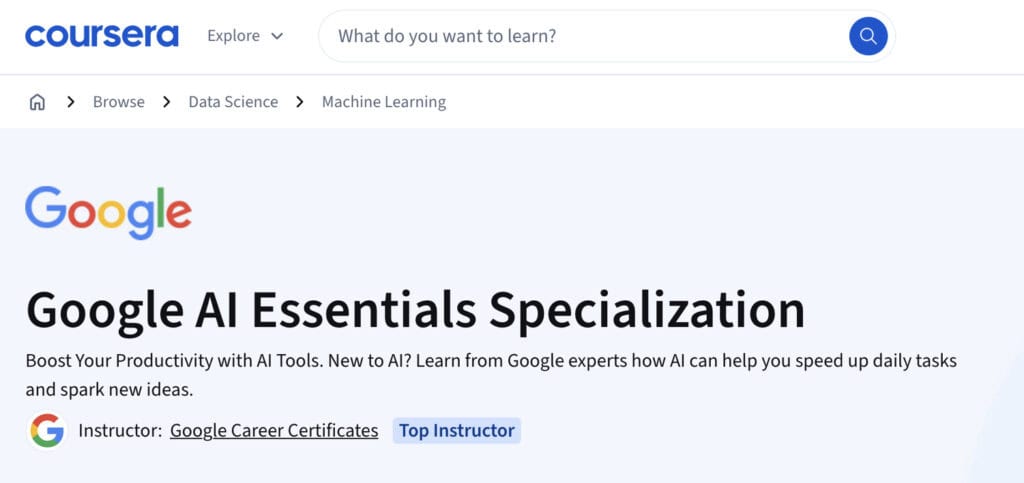 course info and signup interface of Google AI Essentials – Coursera