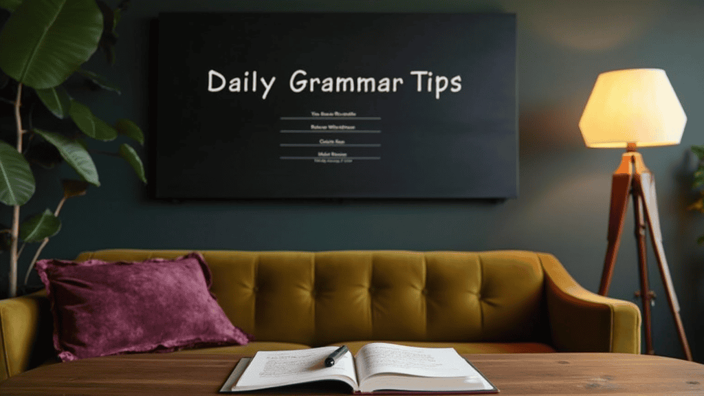 An ultra-modern studio dominated by a striking black chalkboard-style TV screen wall, saying precisely 'Daily Grammar Tips' with a neat bullet lists below. 