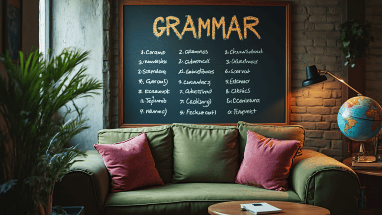 A modern studio with a chalkboard displaying thew word 'GRAMMAR', and 3 tight columns of neat grammar exercises, a cozy olive green sofa with dark pink cushions, and a warm, focused atmosphere. A table with a globe showing the world