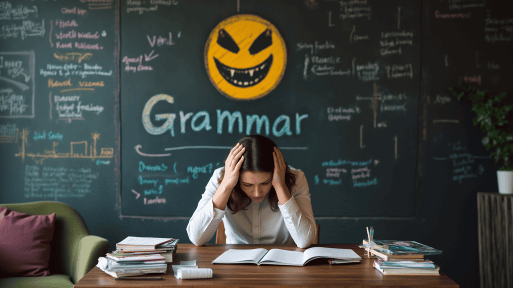 A language learner sits at a desk in a cozy studio, head in hands, with a chalkboard full of messy grammar notes in the background and olive green and dark pink accents.