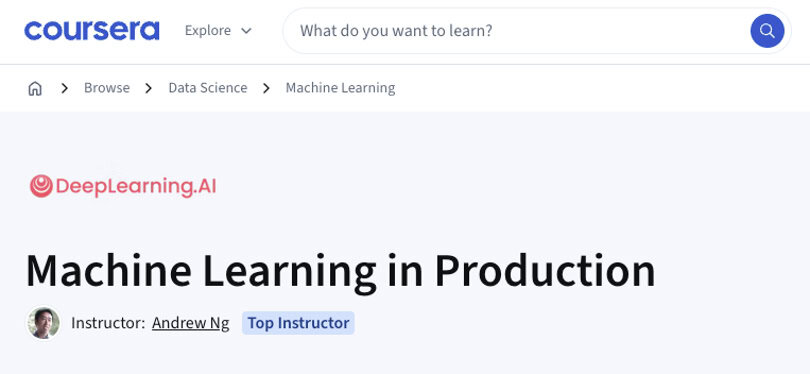 course interface image with details about machine-learning-in-production-coursera