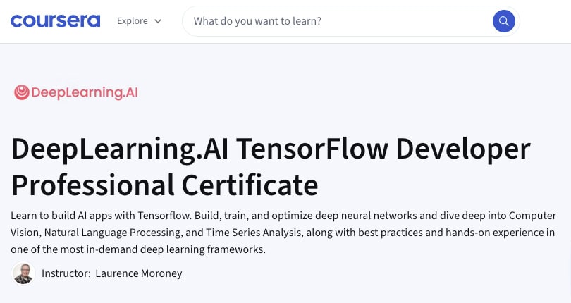 course interface with details about DeepLearning.AI TensorFlow Developer Professional Certificate