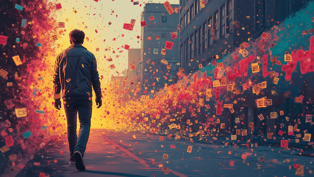A casually dressed person walks through a city, covered in glowing, shifting words that interact and form new meanings, creating a mesmerizing light display.