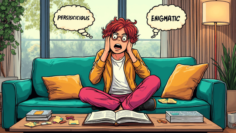A confused learner sits in a bright, modern living room, surrounded by language books, with thought bubbles of forgotten words like "perspicacious.