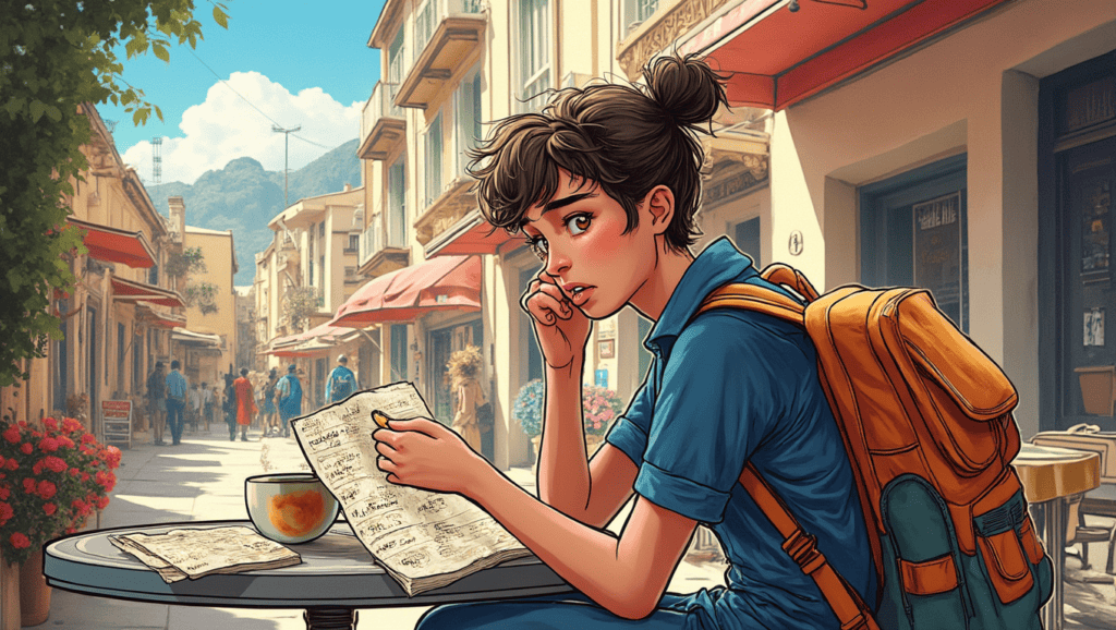  A puzzled traveler at a quaint outdoor café stares at crumpled language notes, struggling to recall grammar, as locals chat nearby. Watercolor style.