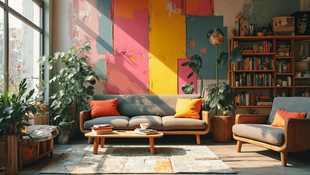  a person with a cup of coffee enjoying a personal learning session in the morning. stylish art studio with amazing cubist art and vibrant pink, yellow, green colors. stylish furniture and large windows, books, newspapers, tablets.