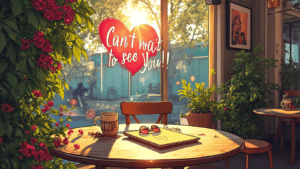 a coffee table and a large window with a speaking bubble saying 'wish you were here' - newsletter