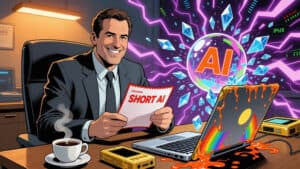 A person doing a calculated bet against AI giants contrasts violently with the environment—generic laptop keys bleed liquid rainbows, coffee steam forms a shattering AI bubble with crystalline fragments bursting outward. 