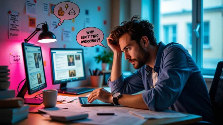 highly detailed photo of a content creator in their mid-30s sitting at a chaotic desk surrounded by two glowing screens displaying images, text and blog content doing an ai seo content audit.
