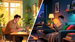 Split view: person working with ai at laptop in daylight transitions to relaxing with phone at night using ai for different usages