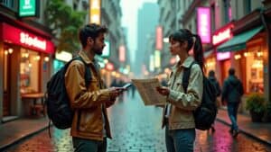 two travellers meeting in a road and speaking and exchanging language tips