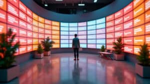 a man standing in front of a huge curved digital wall panel screen showing expert opinions and POVs on ai