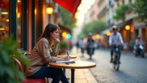 a woman sitting in a cafe reflecting on her thoughts and taking an ai free space