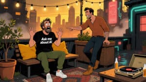 two men on a terrace. One sits on a bench wearing a black t-shirt with bold white text "Ask me about AI" - An AI glossary reference.