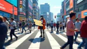an ai robot symbolic for an ai in the middle of a busy junction, looking confused, looking for orientation. Reference to Ai models get confused in multi-turn conversations.