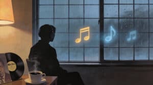 Minimalist scene: A silhouetted figure sits by a rain-streaked window wearing headphones, watching gray afternoon light. A steaming coffee cup and Miles Davis vinyl record rest on a nearby table. Between the figure and window, warm golden musical notes (human music) float with deliberate space around them, contrasted with translucent blue ghost notes (AI music). The Japanese character ma (間) is visible, representing the meaningful emptiness between notes. Soft amber lamp light glows from one side. Muted blue-gray palette with sepia and gold tones.