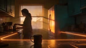 A woman moves through a quietly intelligent morning kitchen at golden hour, illustrating AI predictions about invisible infrastructure seamlessly embedded in everyday life."