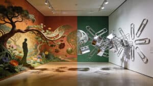 A pristine white gallery space showing reality transforming from left to right: warm organic forms of trees, flowers, and a human silhouette in earth tones gradually collapse into gleaming silver paperclips through a mesmerizing Art Nouveau-style transition zone where life meets geometric optimization. ai risks.