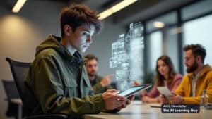 a fictional interview scene with a young guy impressing ceos with his ai first skills rather than job experience. ai skills to get hired