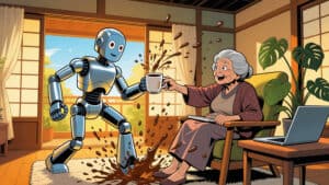 spatial ai - At the heart of the scene, an extravagant and comical robot, gleaming stainless steel with mismatched cartoon eyes, moves awkwardly. It clutches a delicate porcelain cup of artisanal tea.