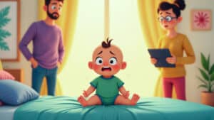 a baby on a bed looking puzzled. two parents standing around and thinking, using ai to solve baby related challenges