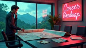 a person leaning over a table with a huge map saying career roadmap. - ai newsletter